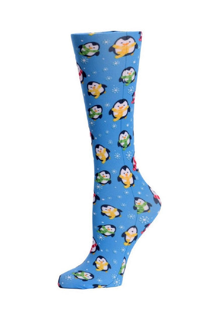 Women's Cutieful sheer compression socks in Penguins pattern with 8-15mmHg graduated compression for leg support and circulation.
