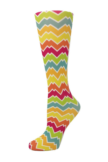Women's Cutieful sheer compression socks in Rainbow Chevron pattern with 8-15mmHg graduated compression for leg support and circulation.