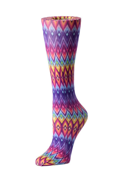 Women's Cutieful sheer compression socks in Rainbow Diamond pattern with 8-15mmHg graduated compression for leg support and circulation.