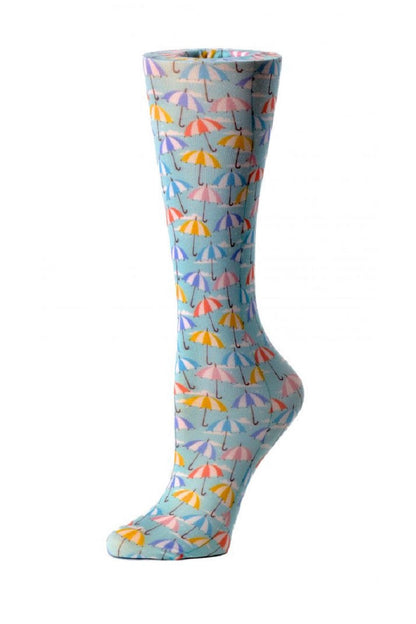 Women's Cutieful sheer compression socks in Striped Umbrella pattern with 8-15mmHg graduated compression for leg support and circulation.