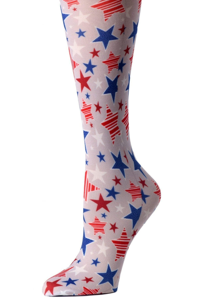 Women's knee-high wide calf compression socks in American Stars print - Cutieful 10-18 mmHg moderate graduated compression for nurses and healthcare workers.
