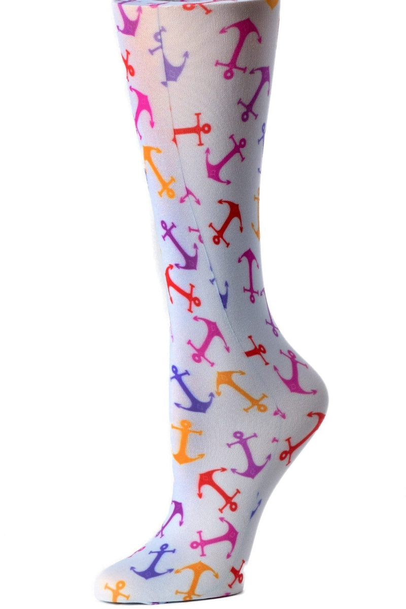 Women's knee-high wide calf compression socks in Anchors print - Cutieful 10-18 mmHg moderate graduated compression for nurses and healthcare workers.