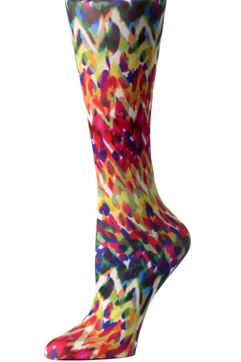 Women's knee-high wide calf compression socks in Animal Fire print - Cutieful 10-18 mmHg moderate graduated compression for nurses and healthcare workers.