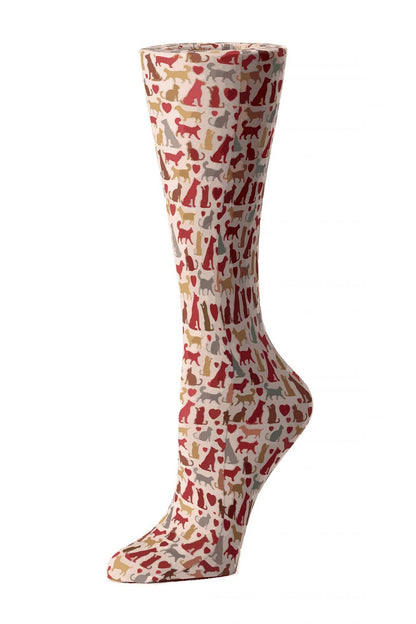 Women's knee-high wide calf compression socks in Autumn Cats and Dogs print - Cutieful 10-18 mmHg moderate graduated compression for nurses and healthcare workers.