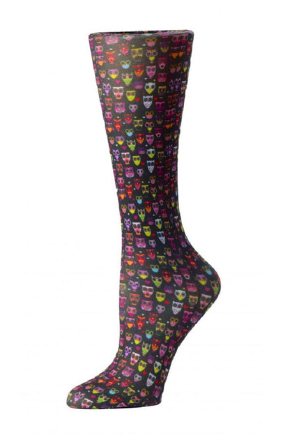Women's knee-high wide calf compression socks in Black Owls print - Cutieful 10-18 mmHg moderate graduated compression for nurses and healthcare workers.