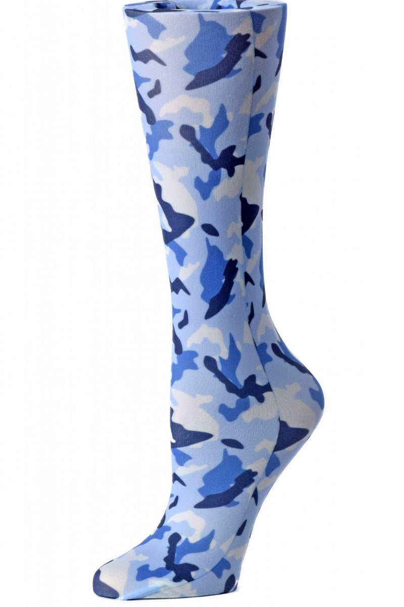Women's knee-high wide calf compression socks in Blue Camo print - Cutieful 10-18 mmHg moderate graduated compression for nurses and healthcare workers.