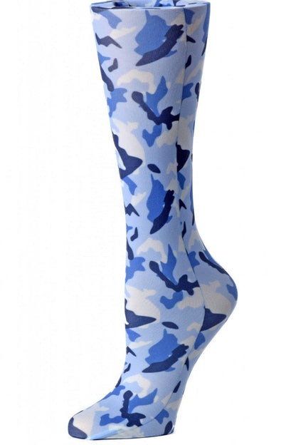 Women's knee-high wide calf compression socks in Blue Camo print - Cutieful 10-18 mmHg moderate graduated compression for nurses and healthcare workers.