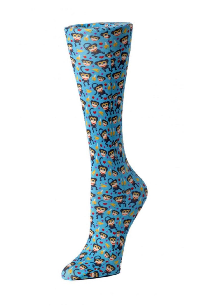 Women's knee-high wide calf compression socks in BlueMonkey print - Cutieful 10-18 mmHg moderate graduated compression for nurses and healthcare workers.