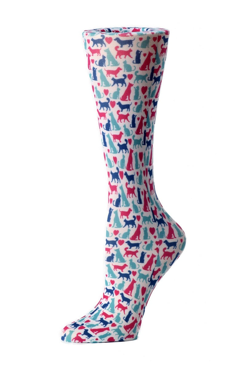 Women's knee-high wide calf compression socks in Bright Cats and Dogs print - Cutieful 10-18 mmHg moderate graduated compression for nurses and healthcare workers.