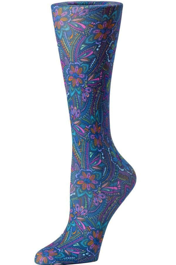 Women's knee-high wide calf compression socks in Bright Flowers print - Cutieful 10-18 mmHg moderate graduated compression for nurses and healthcare workers.