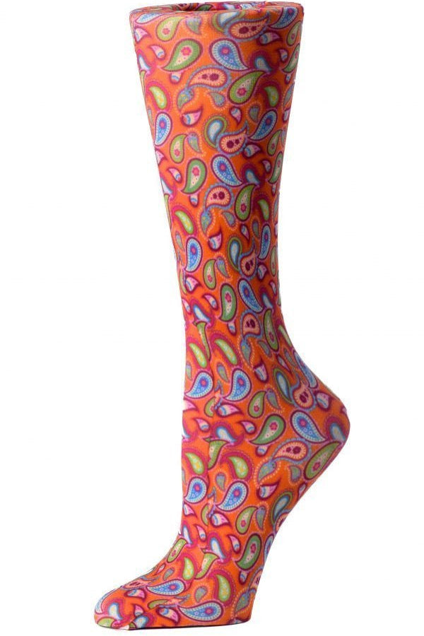 Women's knee-high wide calf compression socks in Bright Paisley print - Cutieful 10-18 mmHg moderate graduated compression for nurses and healthcare workers.