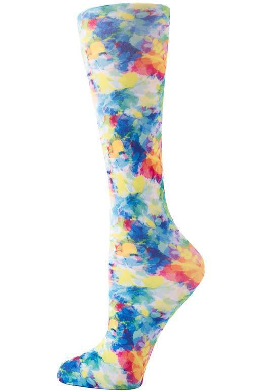 Women's knee-high wide calf compression socks in Bright Watercolors print - Cutieful 10-18 mmHg moderate graduated compression for nurses and healthcare workers.