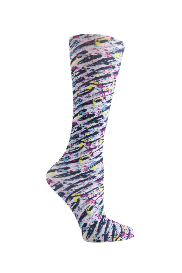Women's knee-high wide calf compression socks in Brush Strokes print - Cutieful 10-18 mmHg moderate graduated compression for nurses and healthcare workers.