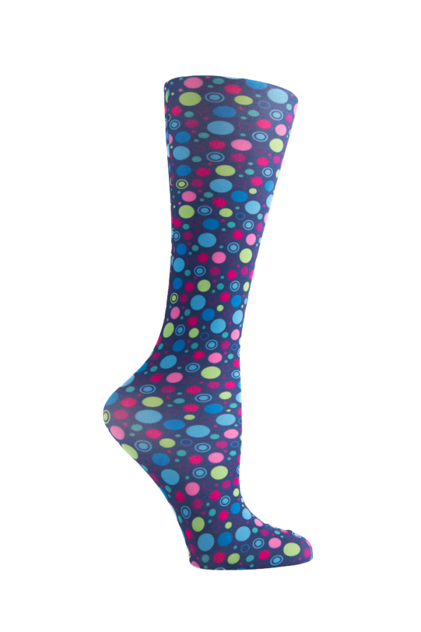 Women's knee-high wide calf compression socks in Bubbles print - Cutieful 10-18 mmHg moderate graduated compression for nurses and healthcare workers.