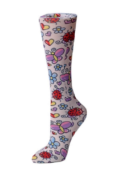 Women's knee-high wide calf compression socks in Bugs print - Cutieful 10-18 mmHg moderate graduated compression for nurses and healthcare workers.