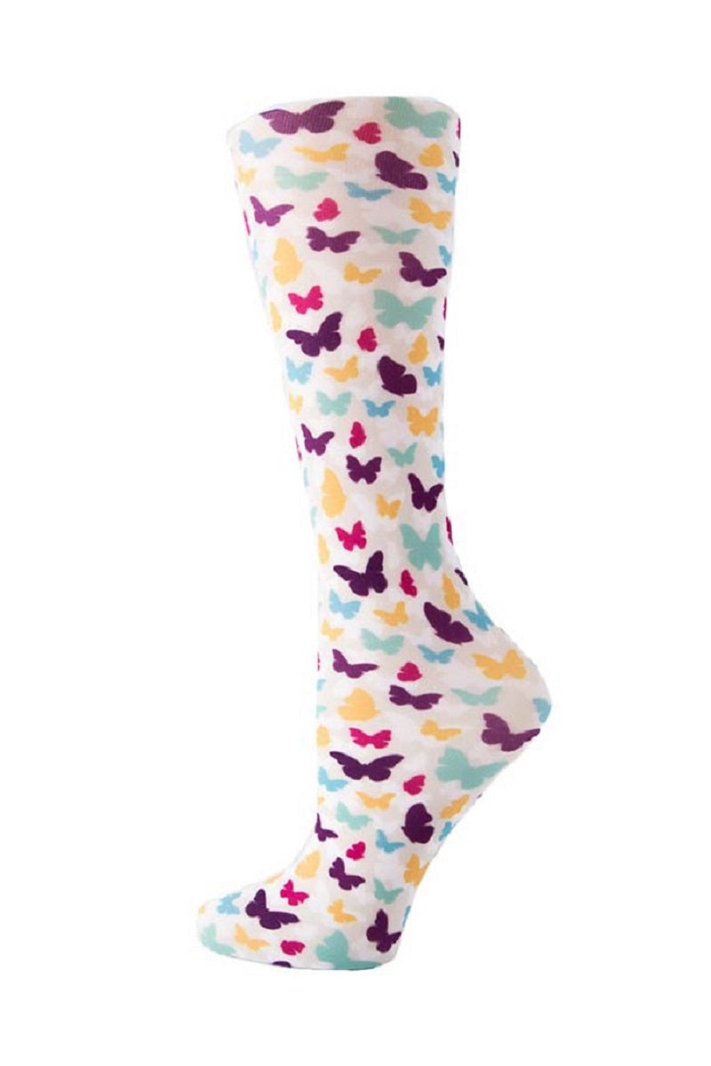 Women's knee-high wide calf compression socks in Butterfly Garden print - Cutieful 10-18 mmHg moderate graduated compression for nurses and healthcare workers.