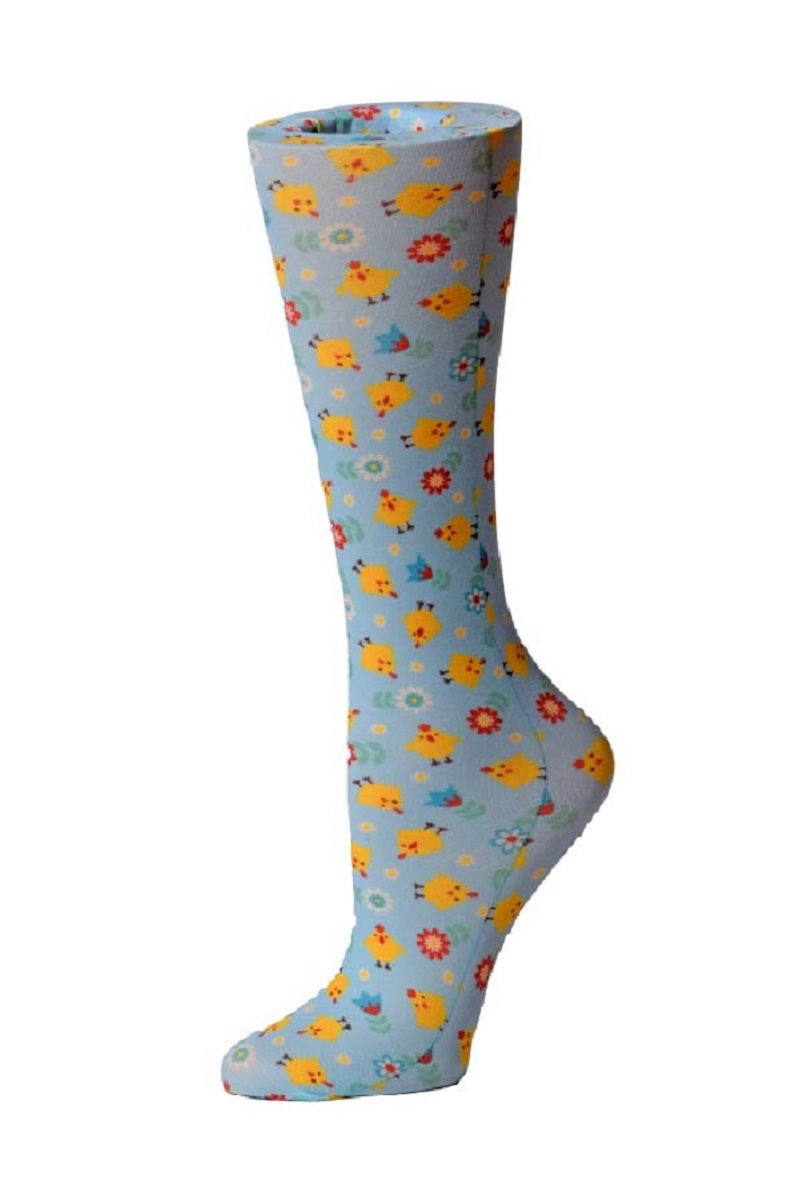 Women's knee-high wide calf compression socks in Chicks print - Cutieful 10-18 mmHg moderate graduated compression for nurses and healthcare workers.