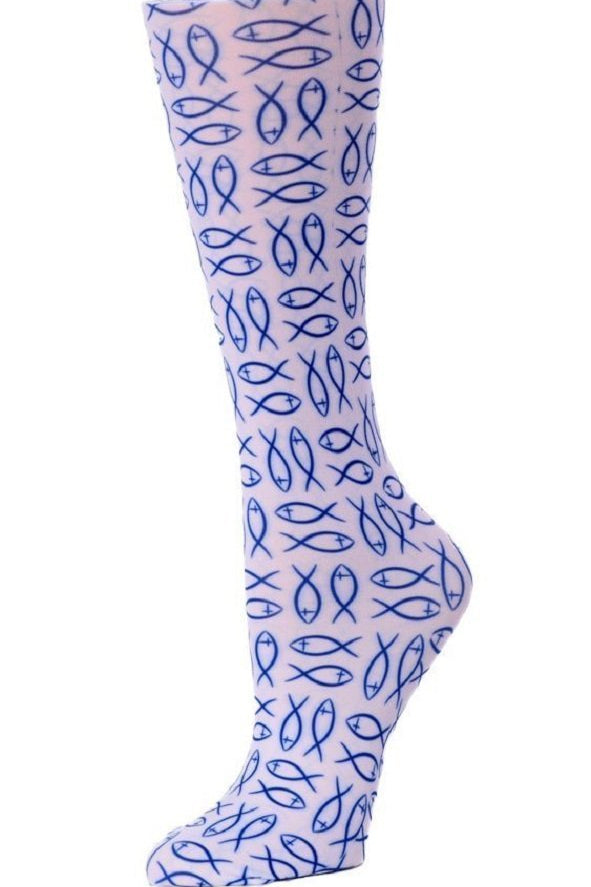 Women's knee-high wide calf compression socks in Christian Fish print - Cutieful 10-18 mmHg moderate graduated compression for nurses and healthcare workers.