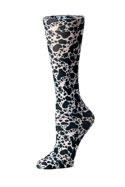 Women's knee-high wide calf compression socks in Cows print - Cutieful 10-18 mmHg moderate graduated compression for nurses and healthcare workers.