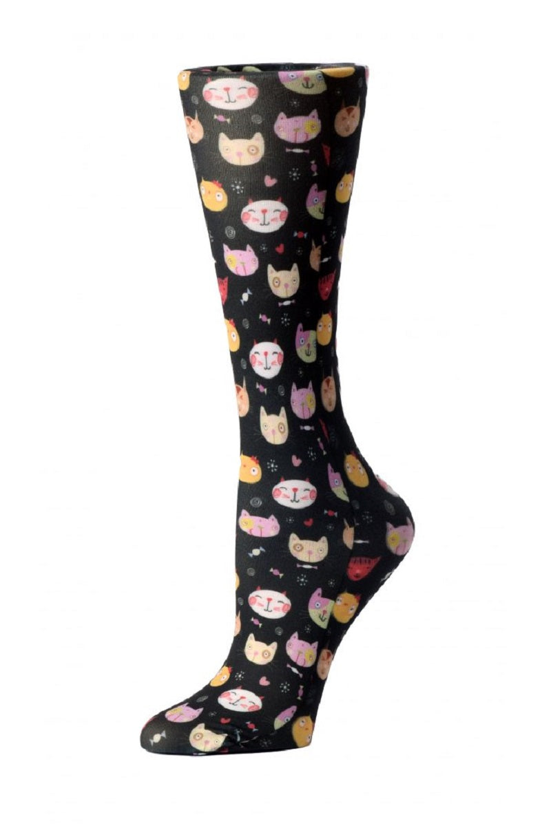 Women's knee-high wide calf compression socks in Crazy Cats print - Cutieful 10-18 mmHg moderate graduated compression for nurses and healthcare workers.