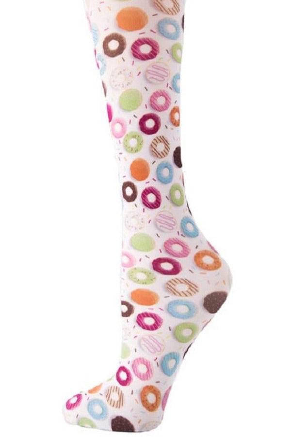 Women's knee-high wide calf compression socks in Donuts print - Cutieful 10-18 mmHg moderate graduated compression for nurses and healthcare workers.