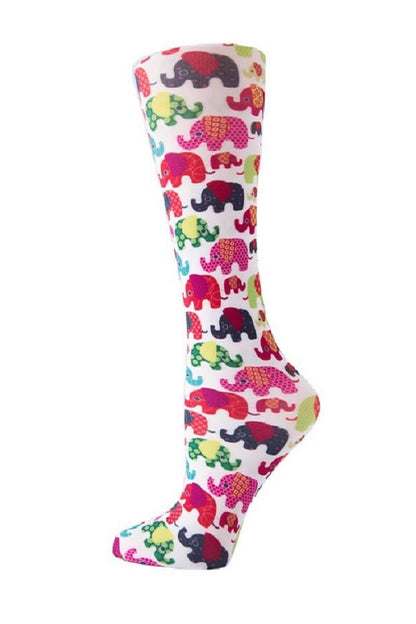Women's knee-high wide calf compression socks in Elephants print - Cutieful 10-18 mmHg moderate graduated compression for nurses and healthcare workers.