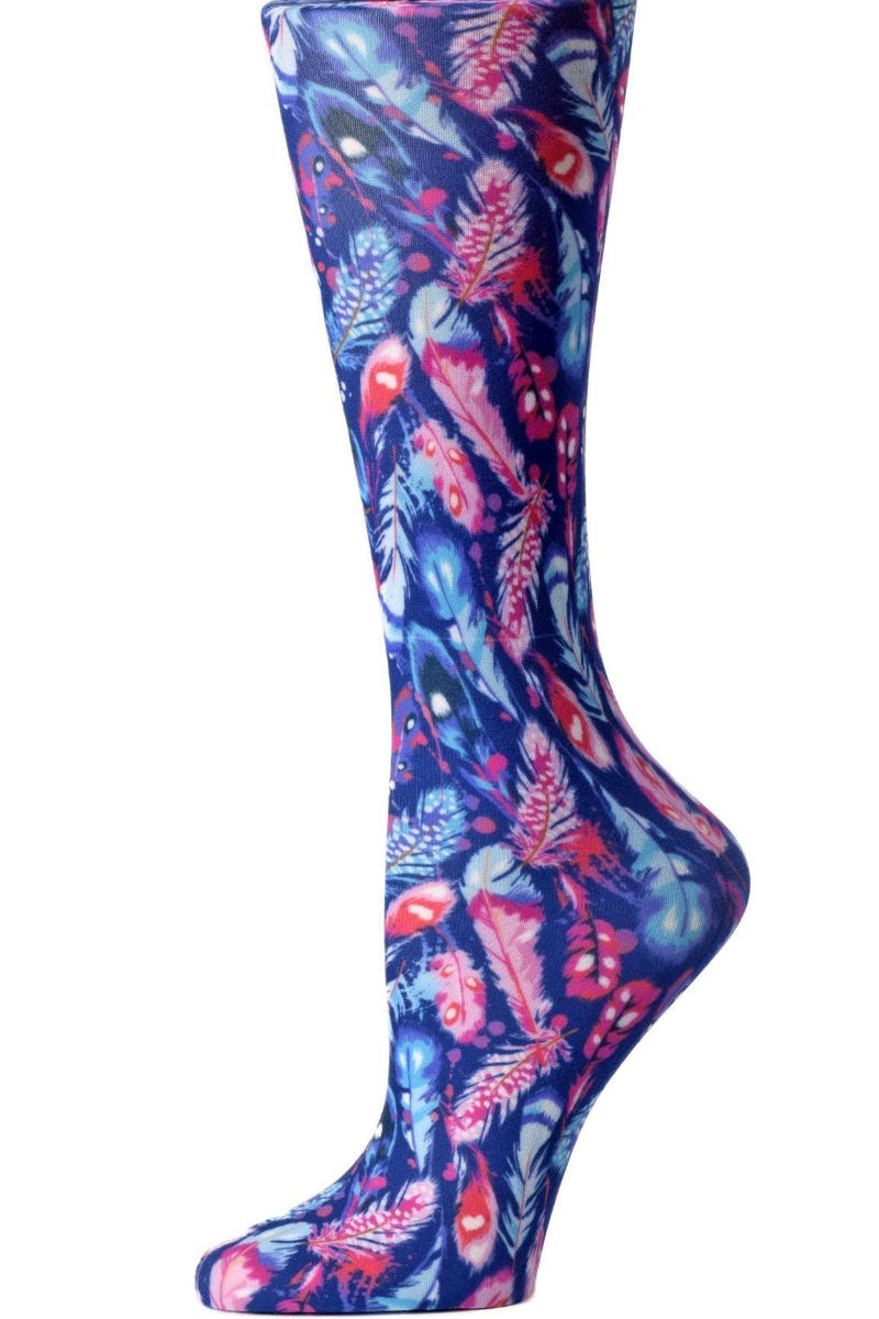 Women's knee-high wide calf compression socks in Feathers print - Cutieful 10-18 mmHg moderate graduated compression for nurses and healthcare workers.