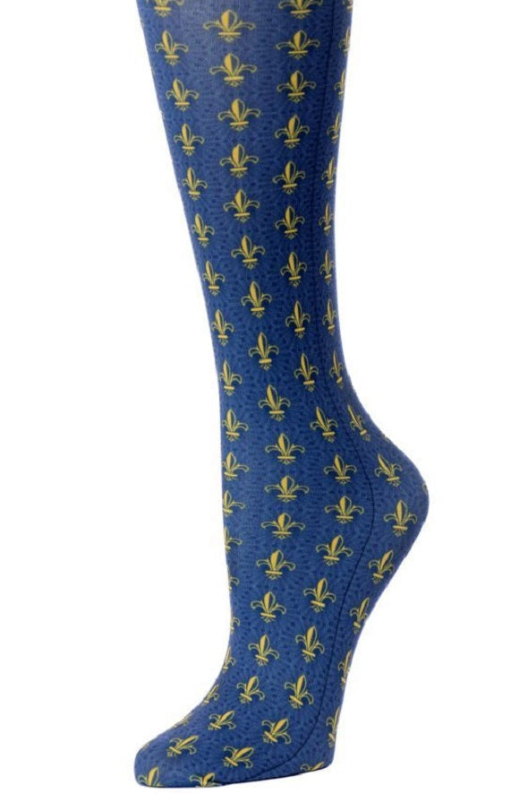 Women's knee-high wide calf compression socks in Fleur de Lis print - Cutieful 10-18 mmHg moderate graduated compression for nurses and healthcare workers.
