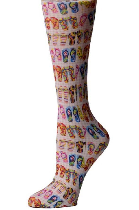 Women's knee-high wide calf compression socks in Flip Flops print - Cutieful 10-18 mmHg moderate graduated compression for nurses and healthcare workers.