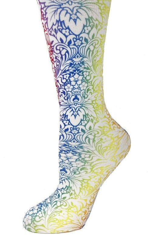 Women's knee-high wide calf compression socks in Floral Rainbow print - Cutieful 10-18 mmHg moderate graduated compression for nurses and healthcare workers.