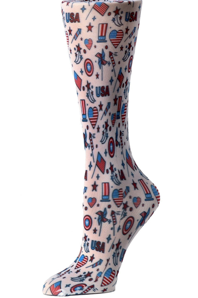 Women's knee-high wide calf compression socks in Fourth of July print - Cutieful 10-18 mmHg moderate graduated compression for nurses and healthcare workers.