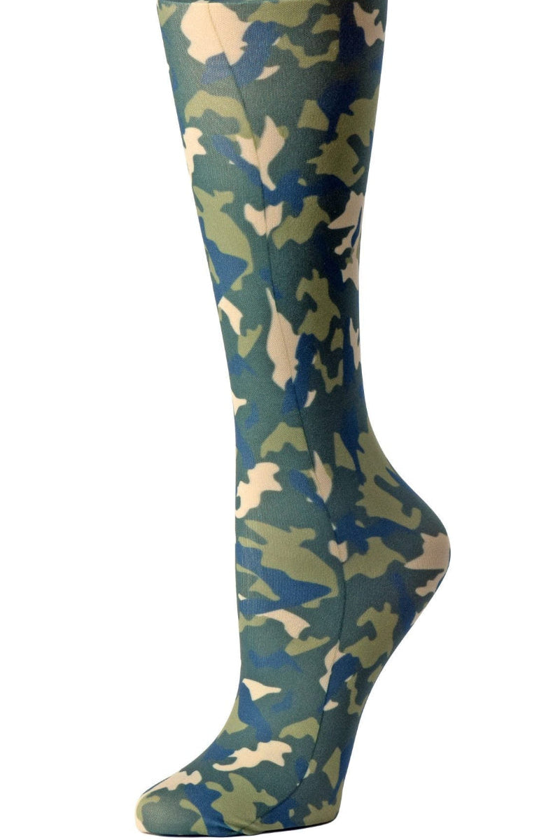 Women's knee-high wide calf compression socks in Green Camo print - Cutieful 10-18 mmHg moderate graduated compression for nurses and healthcare workers.