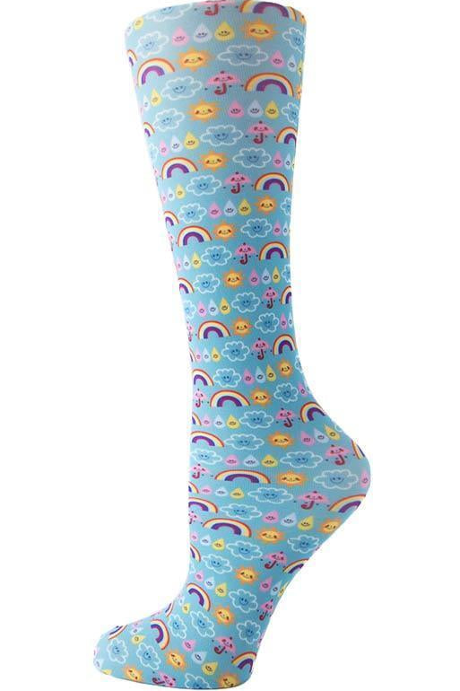 Women's knee-high wide calf compression socks in Happy Weather print - Cutieful 10-18 mmHg moderate graduated compression for nurses and healthcare workers.