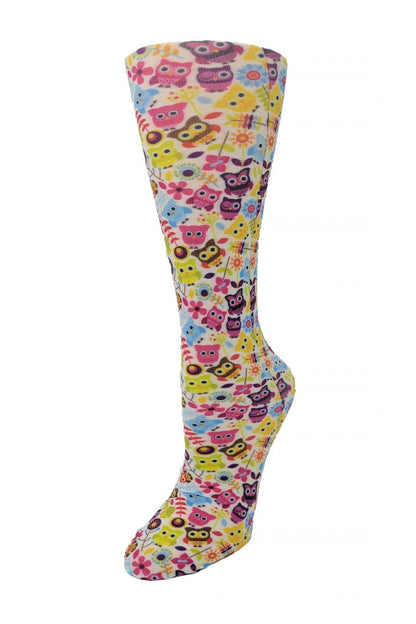 Women's knee-high wide calf compression socks in Hootiful Owls print - Cutieful 10-18 mmHg moderate graduated compression for nurses and healthcare workers.