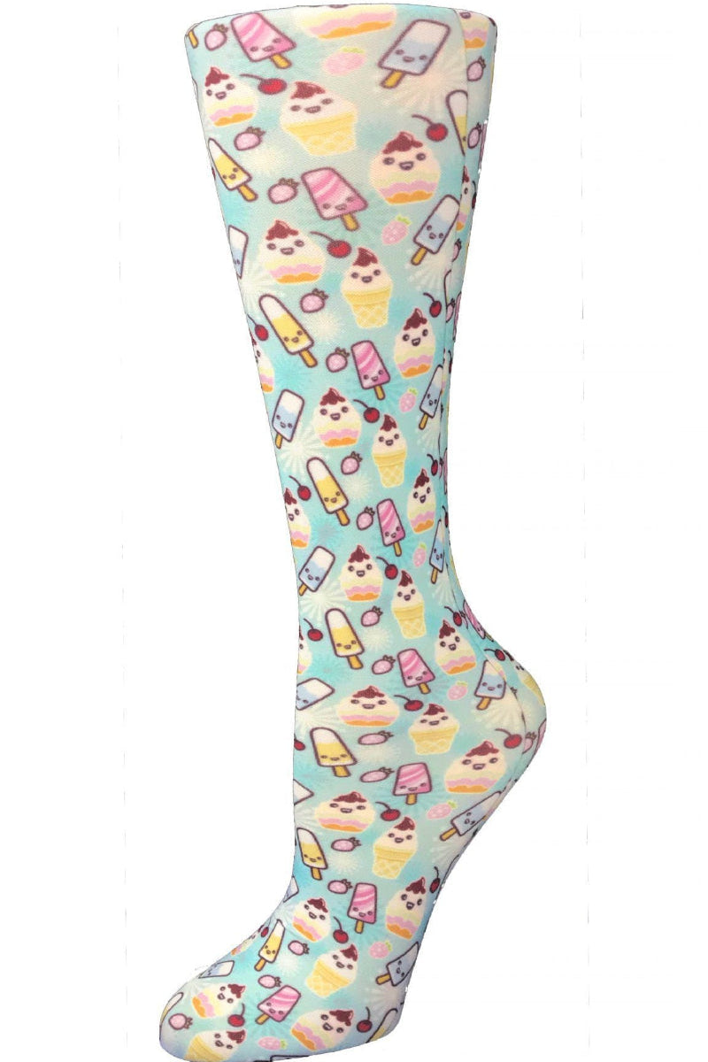 Women's knee-high wide calf compression socks in Ice Cream Social print - Cutieful 10-18 mmHg moderate graduated compression for nurses and healthcare workers.