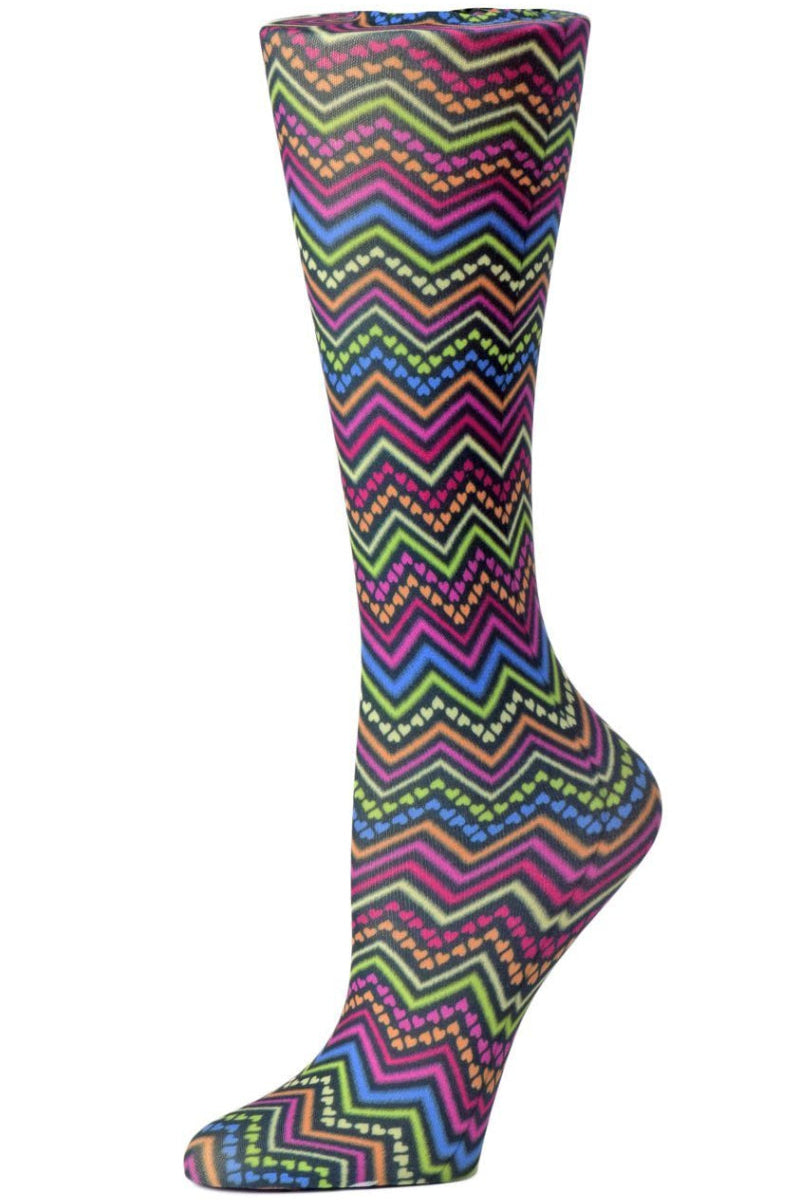 Women's knee-high wide calf compression socks in Izzy Hearts print - Cutieful 10-18 mmHg moderate graduated compression for nurses and healthcare workers.