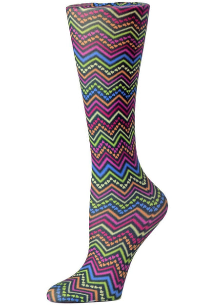 Women's knee-high wide calf compression socks in Izzy Hearts print - Cutieful 10-18 mmHg moderate graduated compression for nurses and healthcare workers.