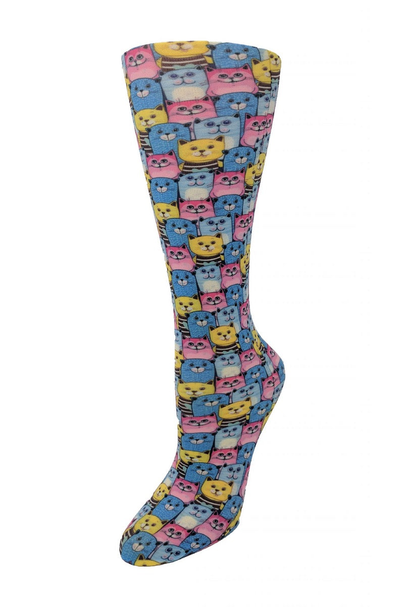 Women's knee-high wide calf compression socks in Kozy Kats print - Cutieful 10-18 mmHg moderate graduated compression for nurses and healthcare workers.