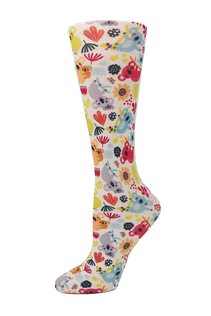 Women's knee-high wide calf compression socks in Kuddly Koalas print - Cutieful 10-18 mmHg moderate graduated compression for nurses and healthcare workers.