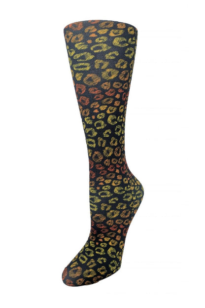 Women's knee-high wide calf compression socks in Leopard Spots print - Cutieful 10-18 mmHg moderate graduated compression for nurses and healthcare workers.