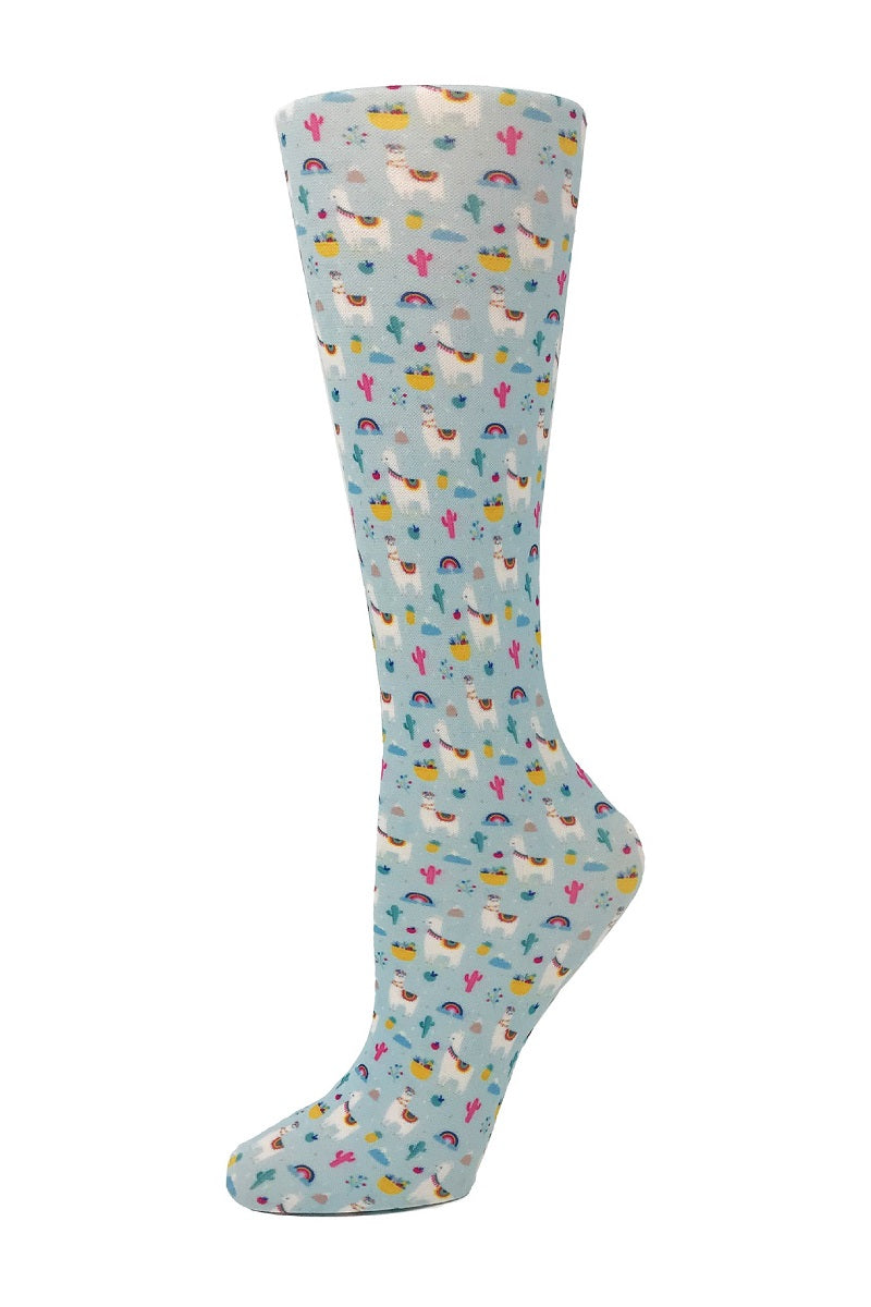 Women's knee-high wide calf compression socks in Llamas print - Cutieful 10-18 mmHg moderate graduated compression for nurses and healthcare workers.