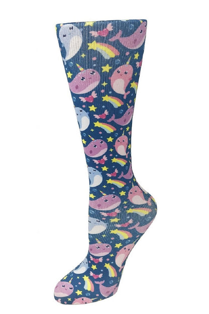 Women's knee-high wide calf compression socks in Narwhals print - Cutieful 10-18 mmHg moderate graduated compression for nurses and healthcare workers.