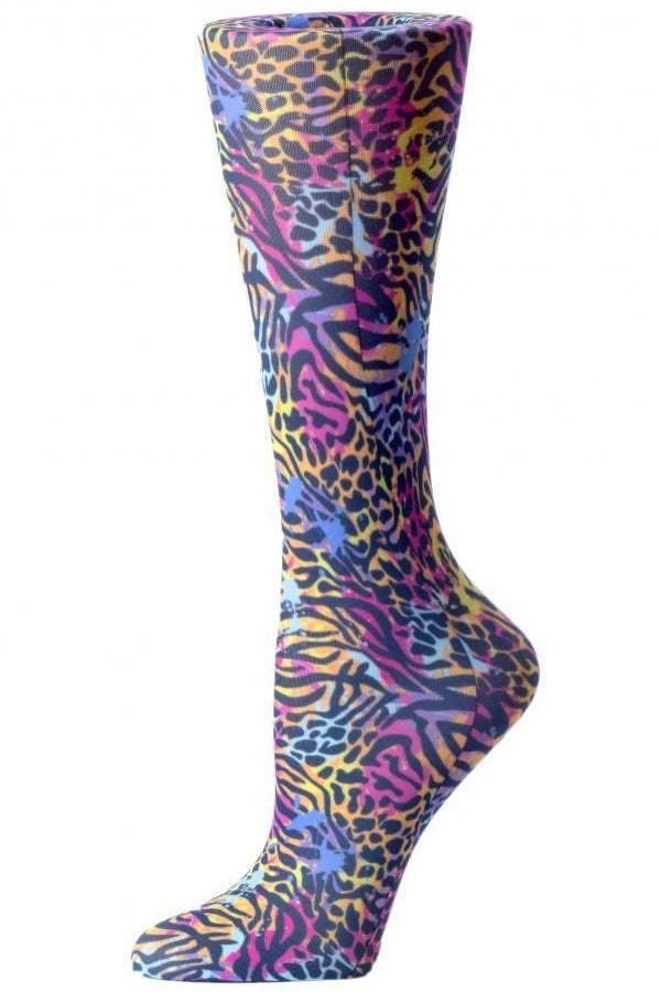 Women's knee-high wide calf compression socks in Neon Animal Mix print - Cutieful 10-18 mmHg moderate graduated compression for nurses and healthcare workers.