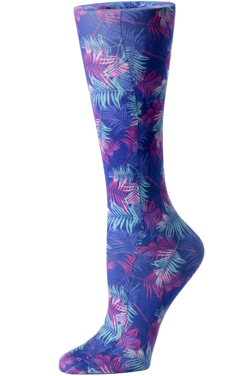 Women's knee-high wide calf compression socks in Neon Tropics print - Cutieful 10-18 mmHg moderate graduated compression for nurses and healthcare workers.