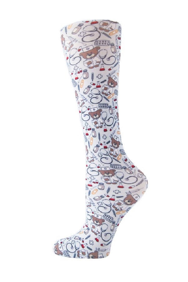 Women's knee-high wide calf compression socks in Nurse Bears print - Cutieful 10-18 mmHg moderate graduated compression for nurses and healthcare workers.