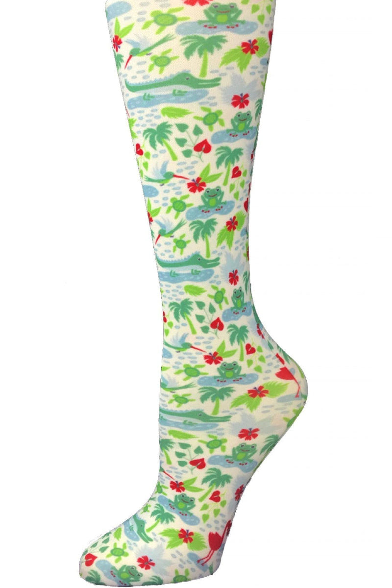 Women's knee-high wide calf compression socks in Oasis print - Cutieful 10-18 mmHg moderate graduated compression for nurses and healthcare workers.