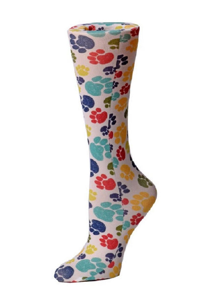 Women's knee-high wide calf compression socks in Paw Prints print - Cutieful 10-18 mmHg moderate graduated compression for nurses and healthcare workers.