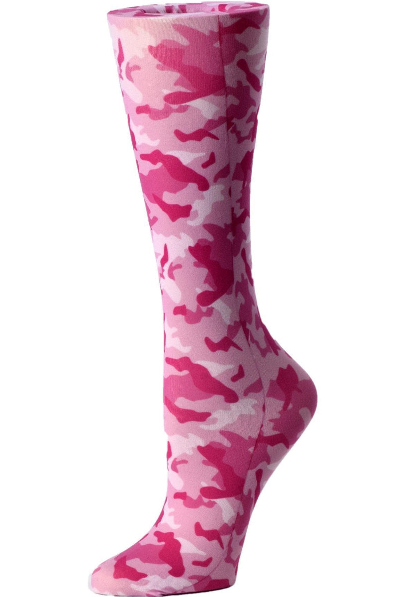 Women's knee-high wide calf compression socks in Pink Camo print - Cutieful 10-18 mmHg moderate graduated compression for nurses and healthcare workers.