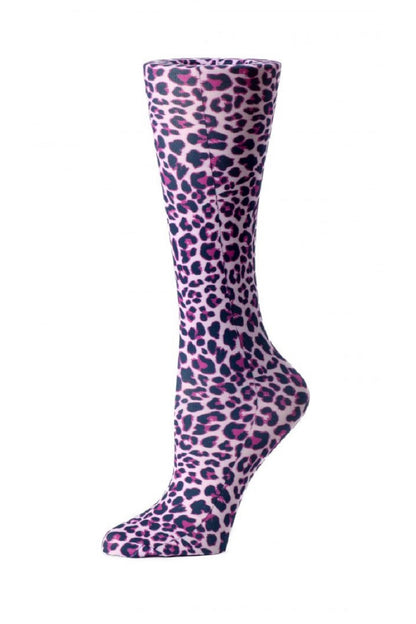 Women's knee-high wide calf compression socks in Pink Leopard print - Cutieful 10-18 mmHg moderate graduated compression for nurses and healthcare workers.