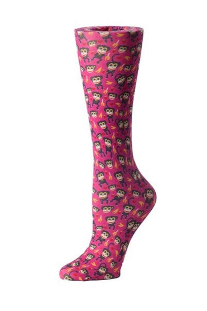 Women's knee-high wide calf compression socks in Pink Monkeys print - Cutieful 10-18 mmHg moderate graduated compression for nurses and healthcare workers.
